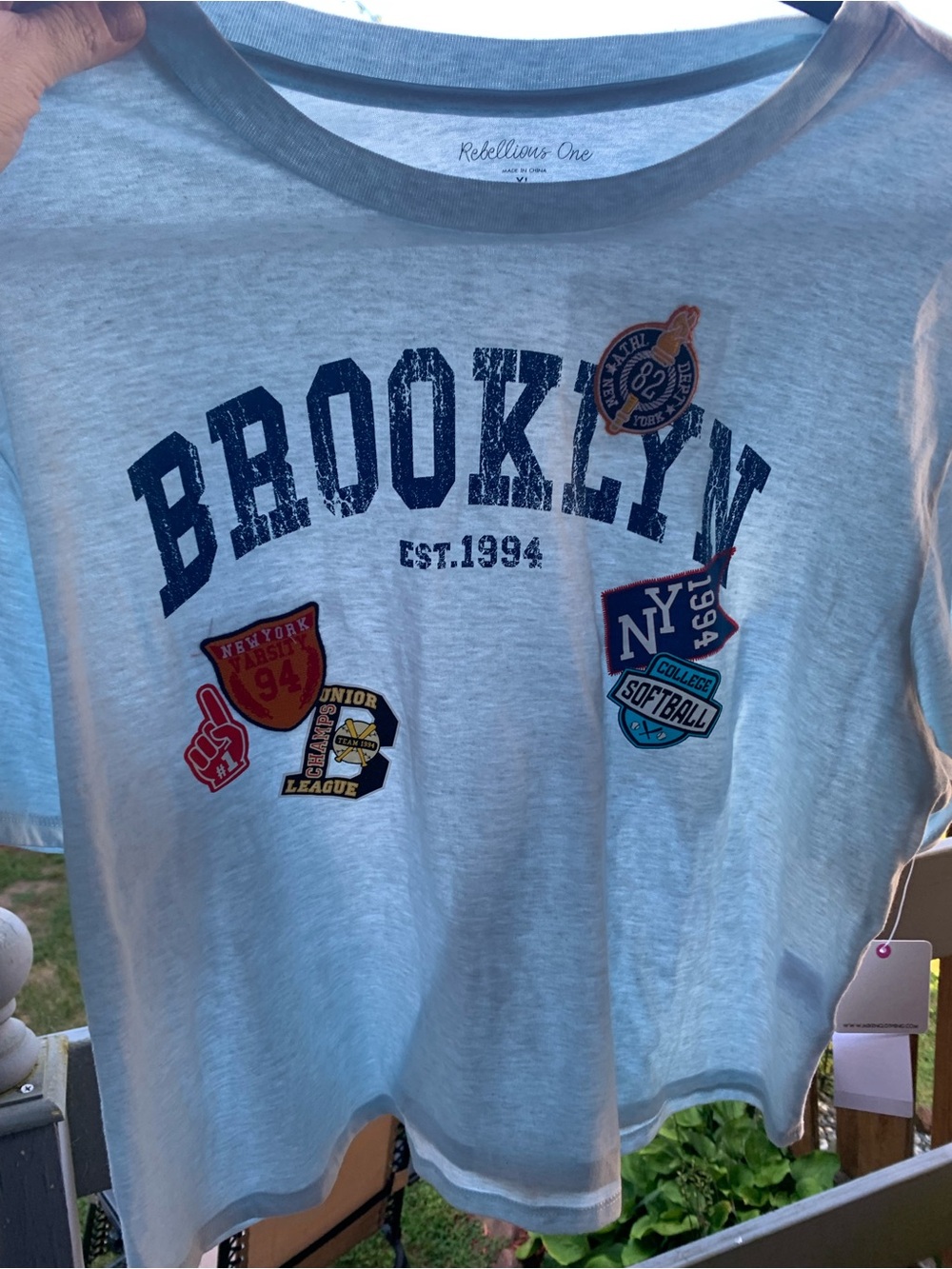 Rebellious One Light Blue 'Brooklyn' Graphic Tee with Navy & Multicolor Patches